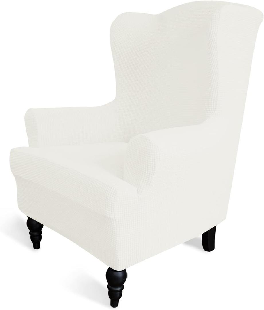 Easy-Going Stretch Wingback Chair Sofa Slipcover 1-Piece Sofa Cover Furniture Protector Couch Soft with Elastic Bottom Spandex Jacquard Small Checks (Wing Chair, Cream)