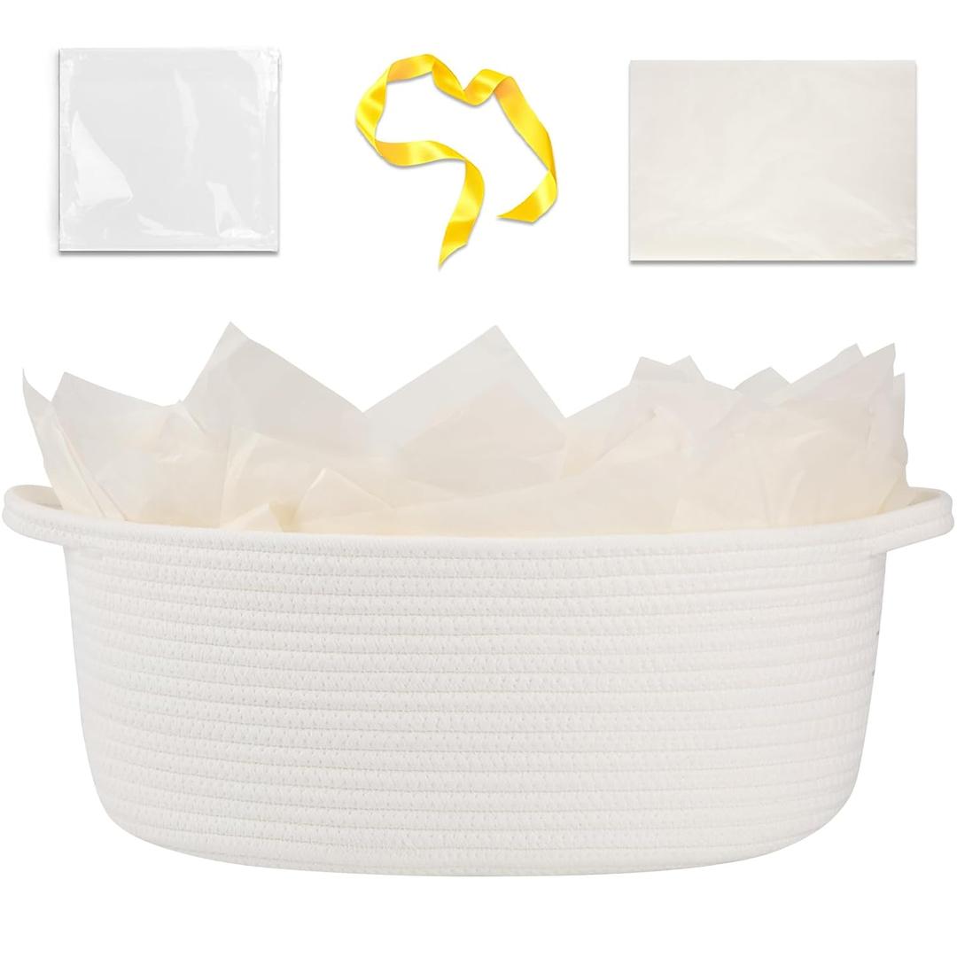 OIAHOMY Gift Basket with Handle, 15.4"x 11.4"x 6.7" Woven Basket with Gift Bag, Ribbon and Wrap Tissue Paper, Nursery Bins Empty to Fill with Towels, Baby, Pet Toy Organizer - White