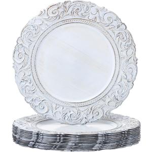 12 Pcs Plastic Charger Plates 13" Round Antique White Gold with Engraved Baroque Rim Vintage Disposable Decorative Chargers for Wedding Party Events