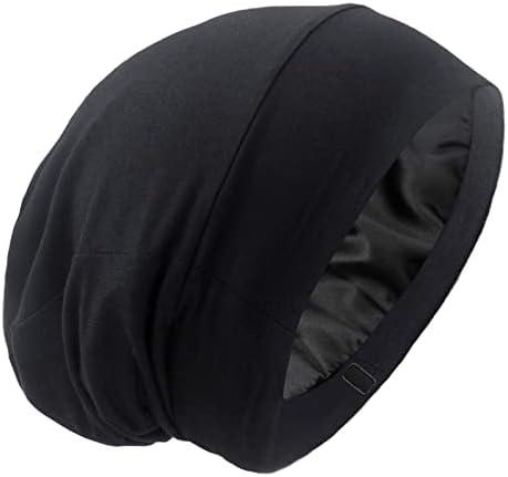 Silky Satin Lined Bonnet Sleep Cap - Adjustable Stay on All Night Hair Wrap Cover Slouchy Beanie for Curly Protection Women and Men Solid Black, One Size