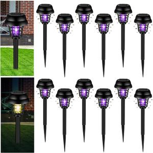 Qualirey 12 Pcs Solar Bug Zapper Outdoor Waterproof Solar Mosquito Zapper Outdoor Solar Powered Mosquito Killer Lamp Mosquito Repellent Lamp for Patio Yard Garden Insect (Purple Light, Warm Light)