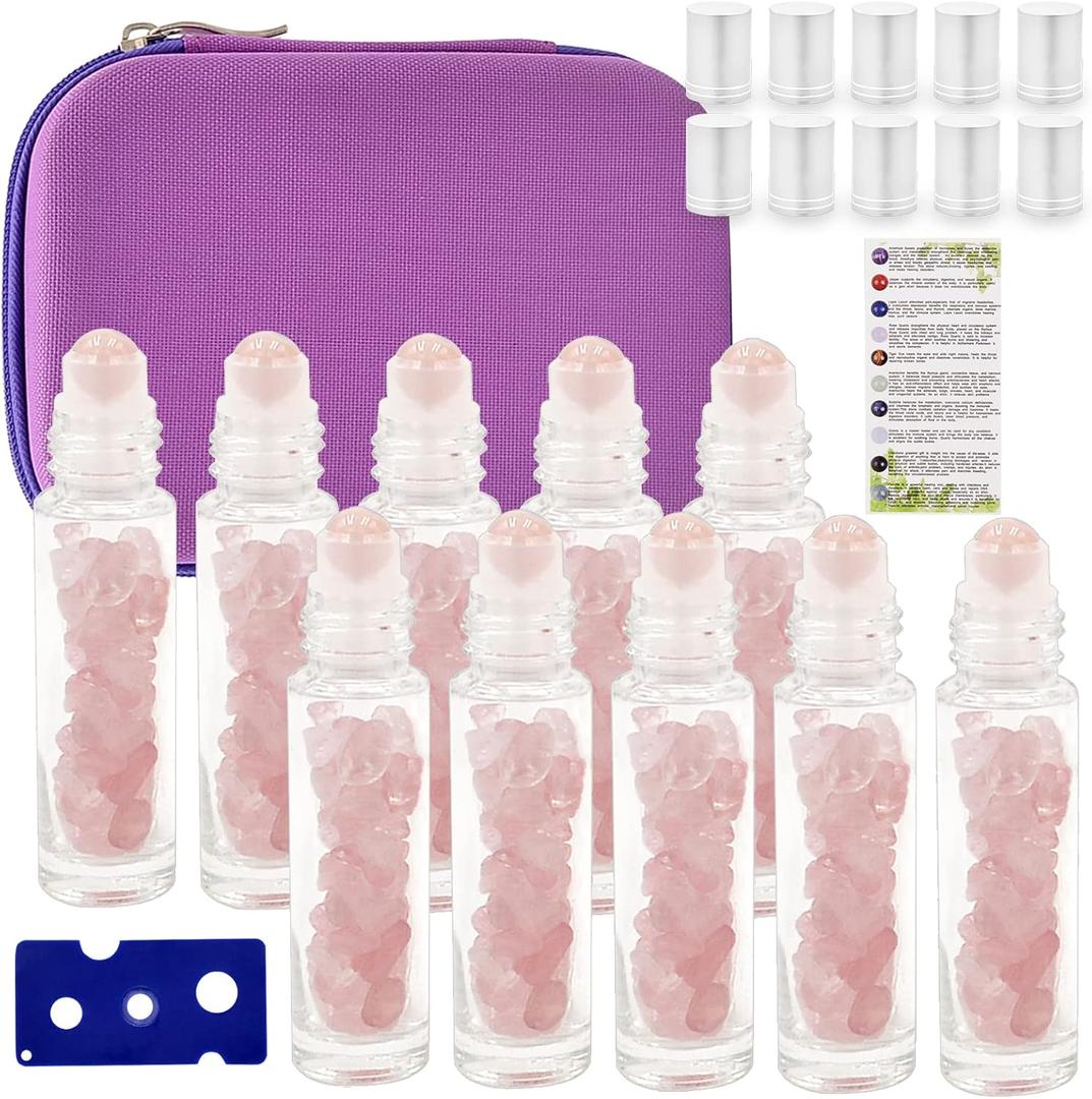 Essential Oil Roller Bottle 10ml w EVA Carrying Travel CaseClear Glass Bottle with silver Cap10packGemstone Roller BallsHealing Crystal Chips InsideOpener)Gemstone Roller Ball Bottles (Rose Quartz)