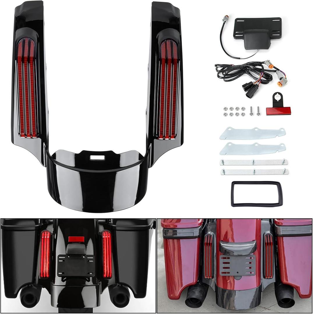 Rear Fender Extension Fascia LED Light Rear Mudguard Kit with Brake/Running/Turn Signals Lights Fit for Harley Touring Road King Street Glide 2014-2022 (Red Lens)