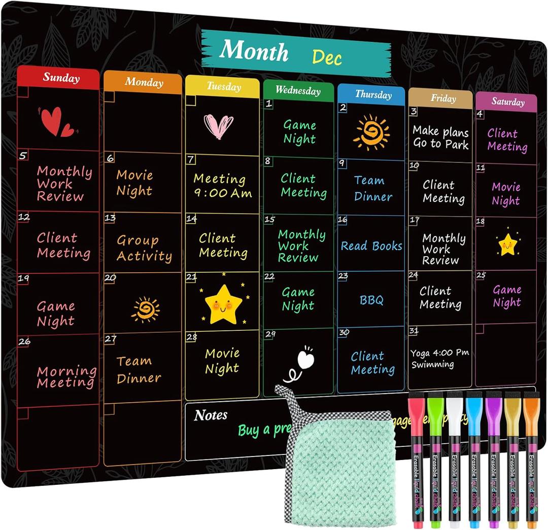 MaxGear Monthly Black Magnetic Calendar for Refrigerator, 16" X 12" Fridge Chalkboard, Magnetic Dry Erase Calendar White Board Planning Board for Fridge with 7 Fine Point Markers,1 Cloth