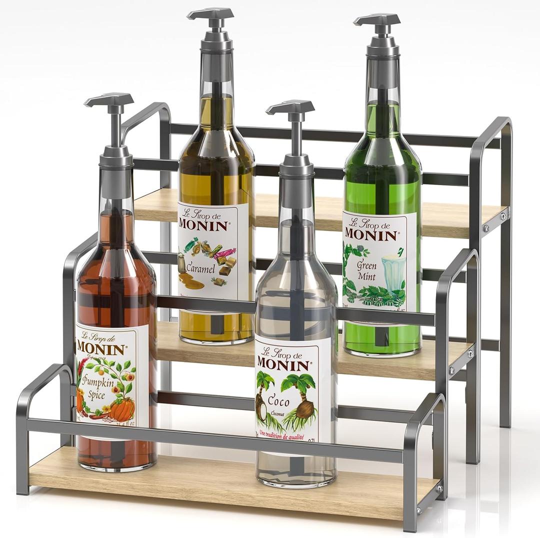 DTUQYX Coffee Syrup Organizer 3-Tier, 12 Bottles Capacity Coffee Syrup Rack, Syrup Stand for Spice, Wine, Liquor, Bottle, Coffee Bar Station Racks Magnetic, No Installation (Light-Colored Wood, Grey)