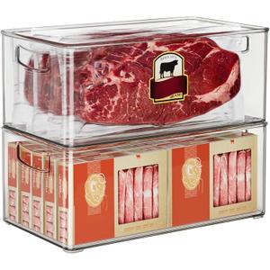 Hudgan 2 Pack Deep Freezer Organizer Bins, Straight Side Stackable Chest Freezer Storage Bins, Pantry organizers and Storage, Food-Grade Plastic