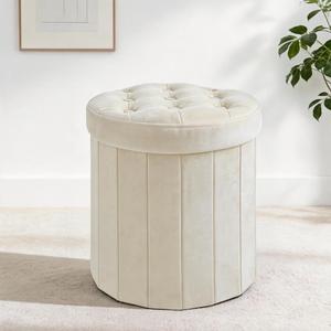 CAROLMADE Round Storage Ottoman, Velvet Vanity Stool | Folding Footrest Stool, Thicker Foam Padded Seat, Idel for Living Room, Bedroom or Dorm, Beige, 15"D x 15"W x 17.8"H