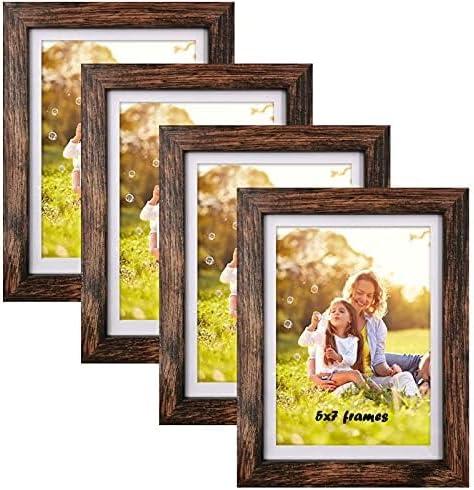 SESEAT 5x7 Picture Frames Wood Brown 4 Packs for Tabletop Display Wall Mount, Display Pictures 5x7 with Mat or 6x8 Without Mat