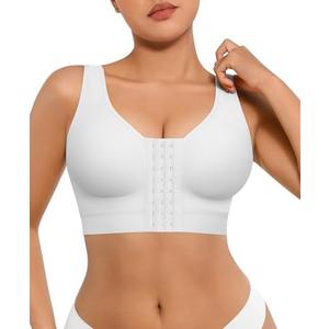 FeelinGirl Post Surgery Bras Front Closure Compression Bra Mastectomy Bras Surgical Wireless with Adjustable Straps, M