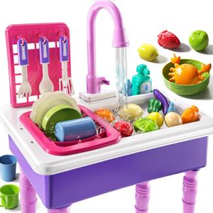 JUKUDAHU Play Sink with Running Water, Play Kitchen Toys Sink for Kids 3 4 5 6 7 Years Old, Electrical Dishwasher, Kitchen Accessories Set, Dishes Games, Gifts for Toddlers 3-5