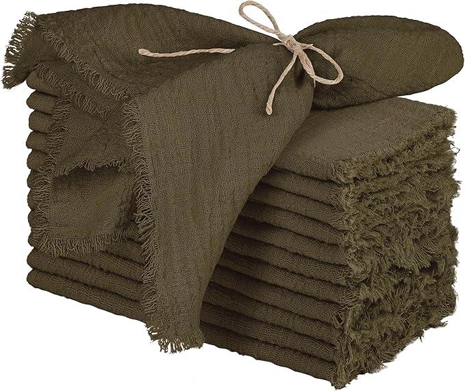 TURSTIN 12 Pieces Cotton Linen Cloth Napkin Handmade Cloth Napkin with Fringe 17 x 17 Inch Soft Dinner Wedding Napkins Square Rustic Fringe Table Napkins for Dinners, Parties, Weddings, Coffee