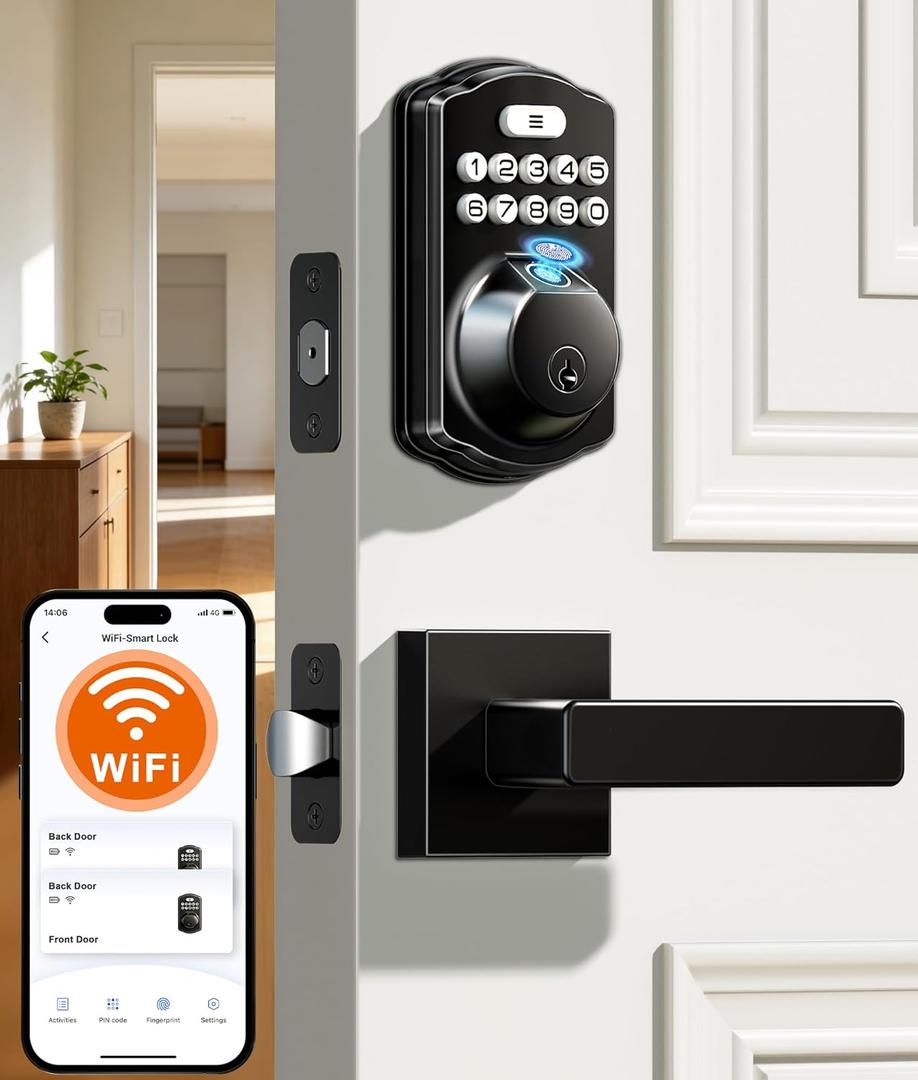 Veise VE012W-L Built-in Wi-Fi Fingerprint Smart Lock with Lever Handle Set, App Remote Control, Keyless Entry for Front Door, Deadbolt Digital Backlit Keypad, Voice Assistant, Auto Lock, Matte Black