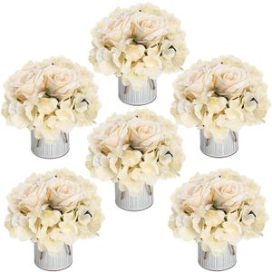 Flower Table Centerpieces - Set of 6 Floral Arrangement Artificial Wedding Hydrangeas Floral Arrangement with Rustic Metal Vase for Bridal Tea Party Event Decorations - Champagne