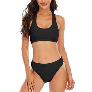 YELAIVP Women's Solid Racerback Athletic Bikinis Sporty Two Pieces Swimsuit Junior Teen Girls Sports Bathing Suits, Black, Small