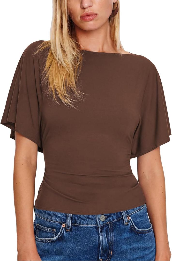 SeeLuNa Women Cinched Waist Shirts Stretchy Dolman Sleeve Boat Neck Knit Top Trendy Streetwear Outfits Basic Workout Tee Tops, S