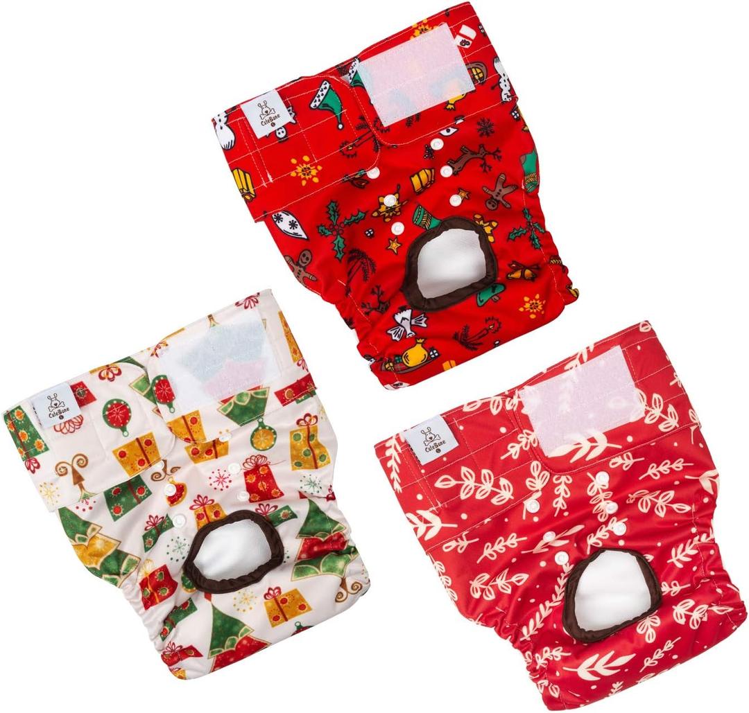 CuteBone Christmas Dog Diapers Female Washable Small Medium Large 3 Pack Reusable Doggie Diapers Puppy Period Pants for Doggy Heat Cycle Peeing D34L
