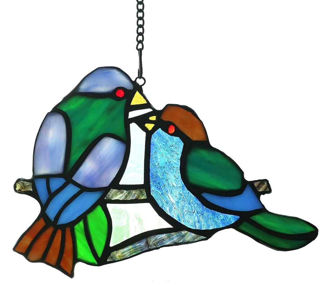 Stained Glass Window Panels Sun Catcher Honey Love Birds, 8" x 5"