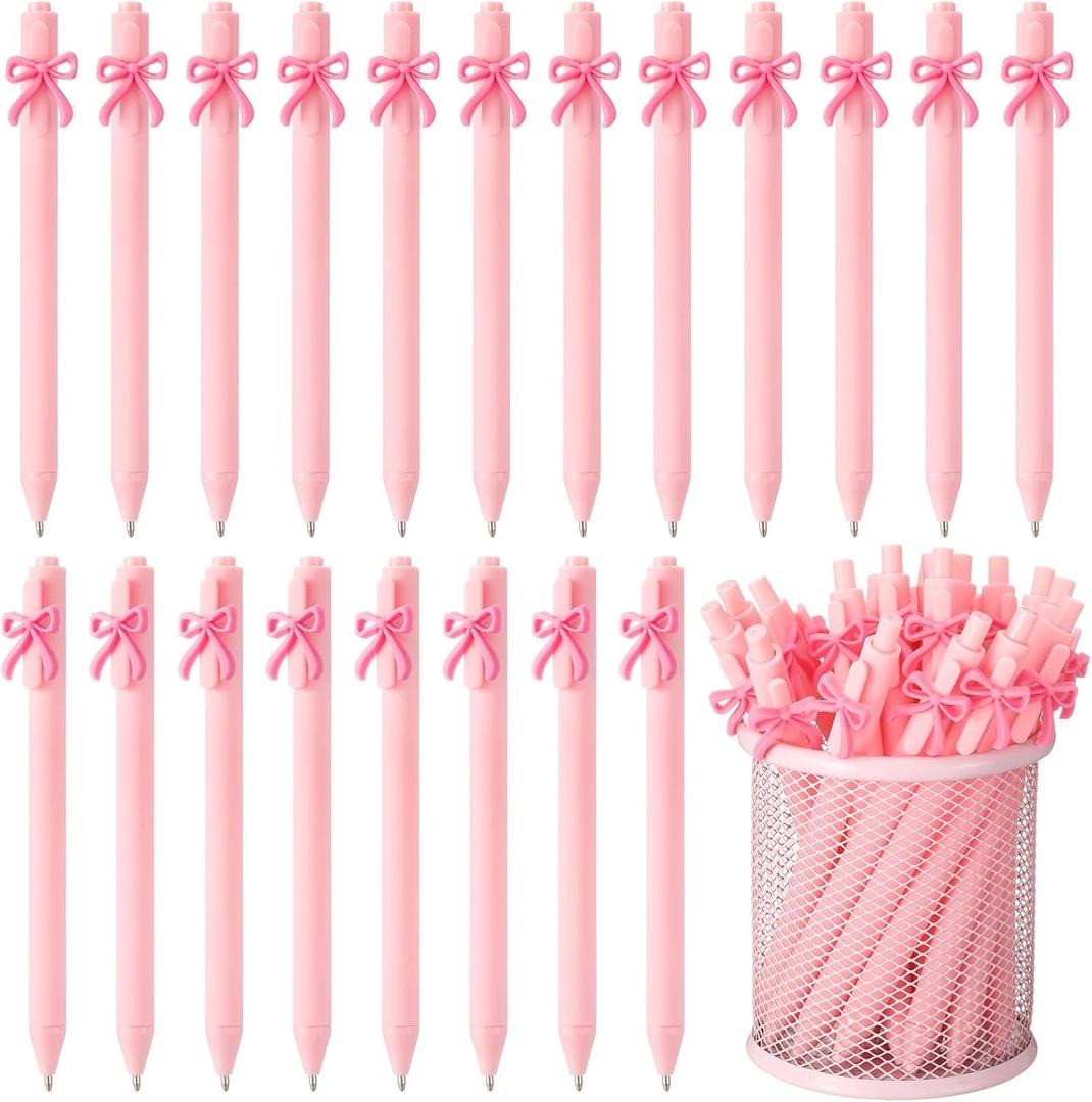 Sayglossy 20 Pcs Bow Pens Coquette Pink White Black Blue Retractable Writing Pen Bulk Birthday Bow Party Favor for Baby Shower Bridal Shower Spring Wedding Tea Party Office School Supplies(Pink)