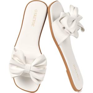 Women's Bow Flat Sandals Open Saquare Toe Sandals Comfortable Slide Slip On Sandals for Wedding Beach Vacation (White, 8.5)