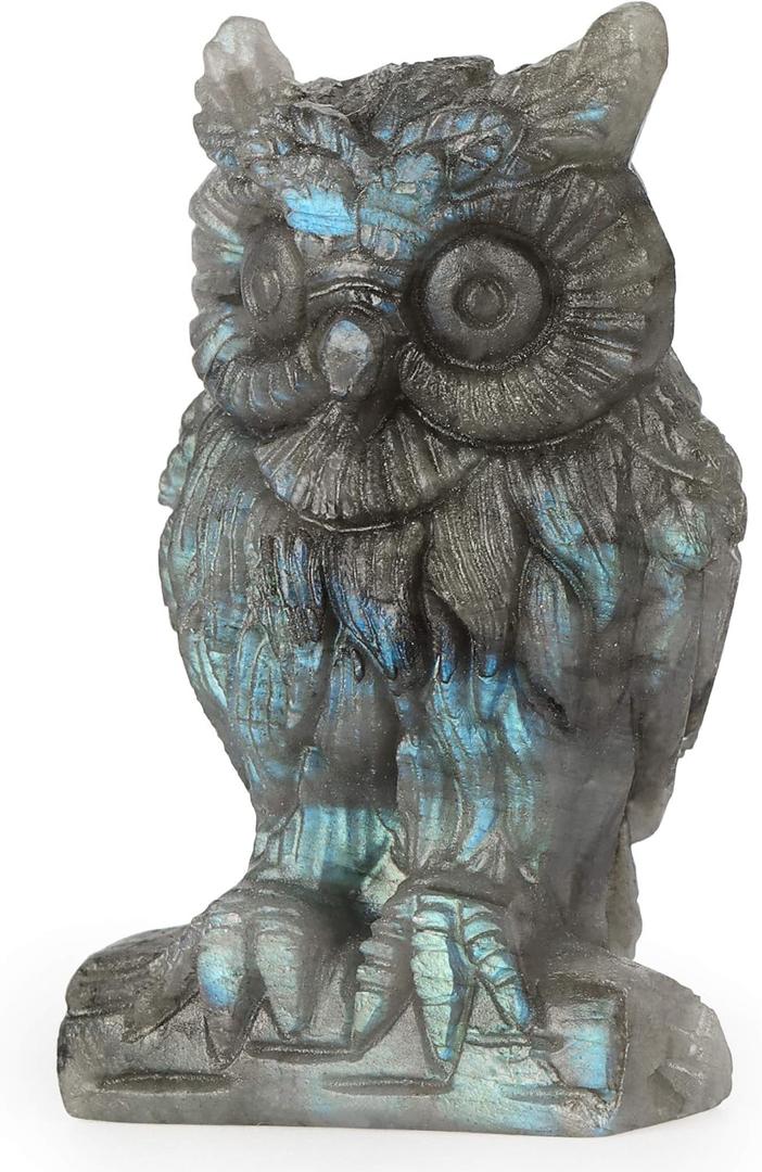 SMQ 2.0" Labradorite Crystal Owl Statue Home Decor Carved Gemstone Owl Paperweight Animal Carvings Figurines,Reiki Healing Stones for Bookshelf,Office Decoration