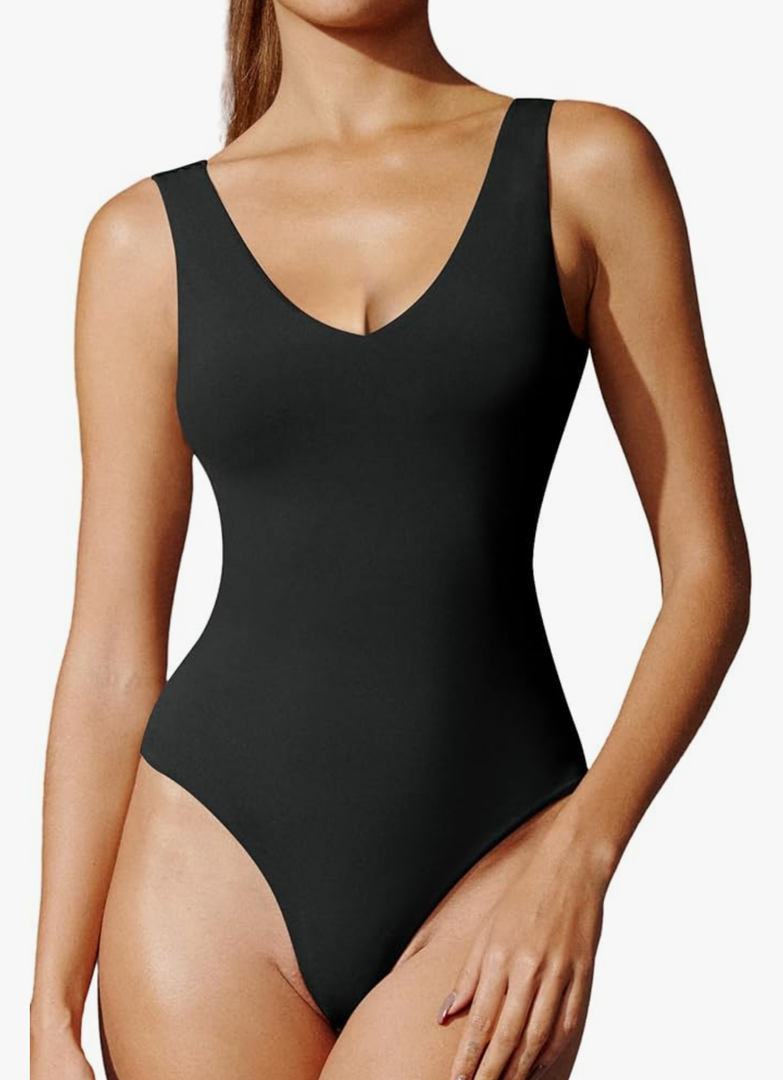IUGA Bodysuits for Women Tummy Control V Neck Backless Bodysuit Tops Sleeveless Tank Top Body Suits for Women, Black, S