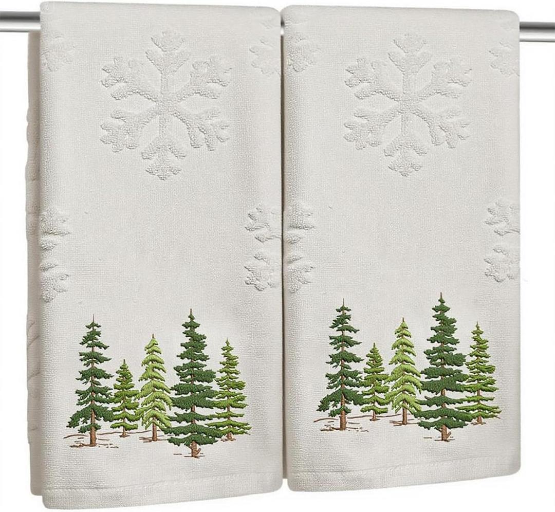 2 Pack Christmas tree Hand Towels 100% Cotton Jacquard snowflake Embroidered Pine Trees holiday Kitchen dish Towels Retro Neutral Beige Bathroom Towels Set gift Seasonal Xmas Winter Bathroom Decor