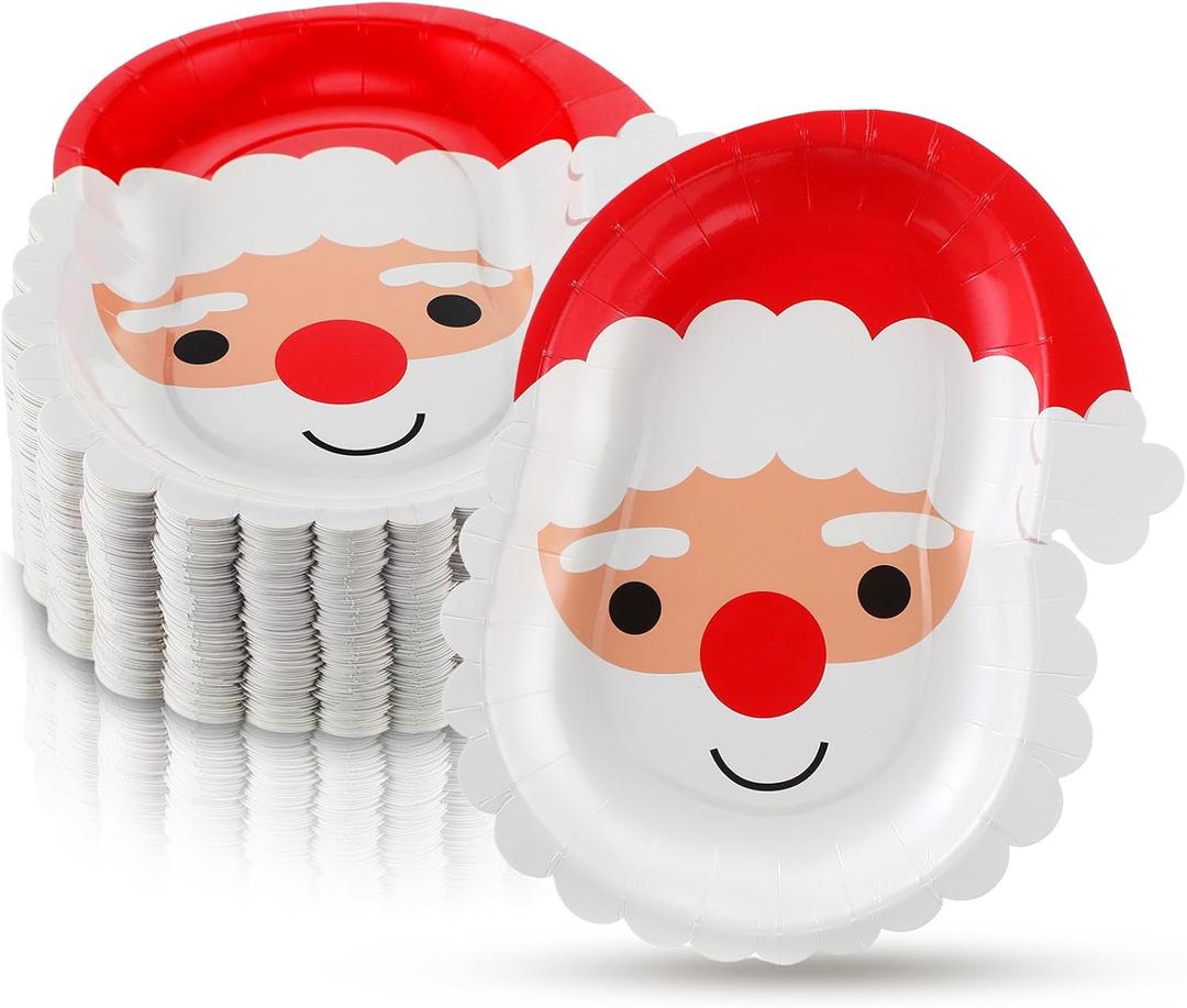 Yungyan 50 Pcs Christmas Disposable Plates Santa Paper Plates for Christmas Wedding Birthday Family Party Tableware Supplies Serve 50 Guests, 8.3 x 7.7 Inch, Red and White