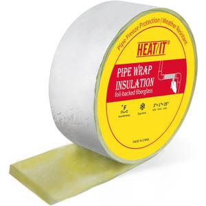 HEATIT Foil-Backed Fiberglass Pipe Wrap, Pipe Insulation Wrap for Outdoor,Foam Wrap for Freezing Weather Protection,3" Wide x 1" Thick x 25' Long (2Pack)