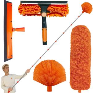 20+ Feet High Reach Duster Kit with 3-14 ft Spliceabl Pole, High Ceiling Dusting and Window Cleaning Kit // Window Washer & Squeegee, Cobweb Duster, Feather Duster for Cobweb & Wall Dust Remover