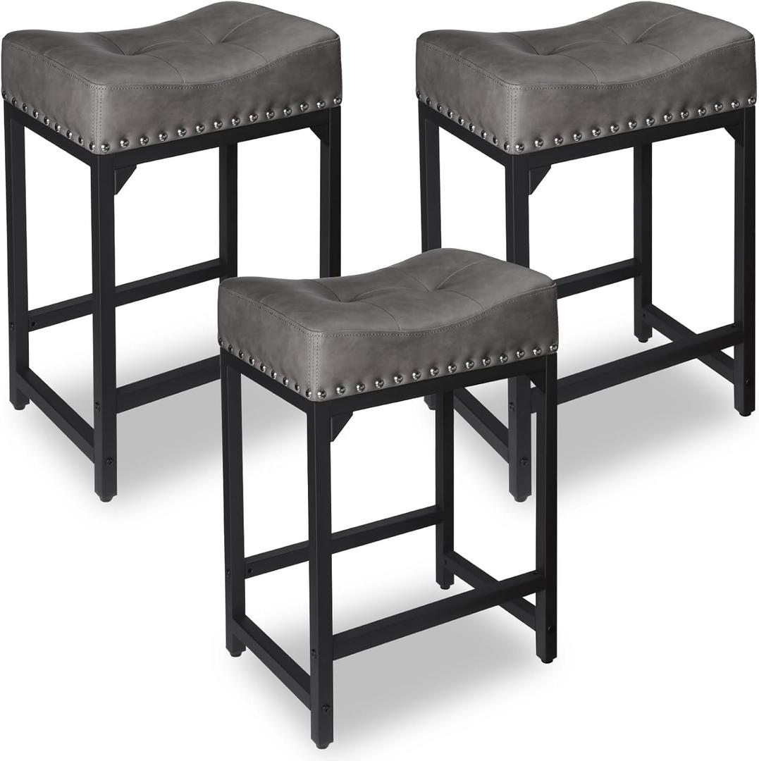 Counter Height Bar Stools Set of 3, Stools for Kitchen Island Set of 3, 24 Inch Counter Stool Saddle Backless Barstools for Kitchen Counter -Grey 