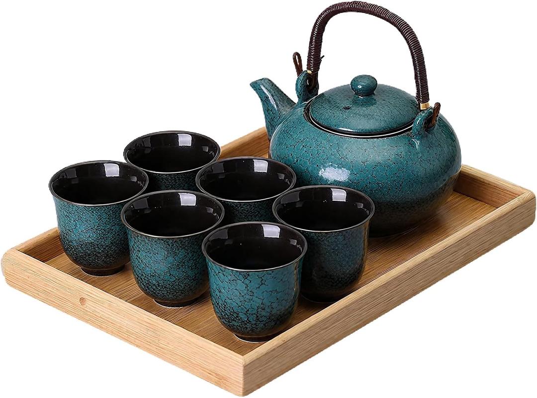 KEYDUACU Japanese Tea Set, Ceramic Tea Set, Plum Blossom Embossed, Teapot, 6 Teacups, Tea Tray, Strainer, Home, Outdoor, Gift, Chinese Kung Fu Tea Set (Pine Green)