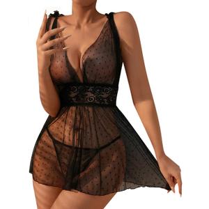 OYOANGLE Women's 2 Piece Polka Dots Lace Sheer Mesh V Neck Babydoll Teddy Lingerie Set (Medium, Black)