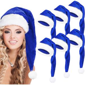 ZHXJKHKY 6 Pack Santa Hats - Blue Velvet Christmas Deluxe Plush Hats for Men & Women, Family Party Xmas Decor (6, Blue)