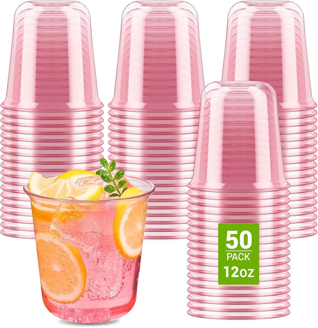 Soelomu 12 oz Pink Plastic Cups, 50 Pcs Disposable Stemless Wine Glasses Cocktail Party Cups for Mother's Day Wedding Birthday Meeting Gathering