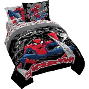 Jay Franco Kids Comforter Set Includes Sheets and Pillow Covers - Soft and Cozy Bed Set for Stylish Room Decor, Black - Spiderman, 7 Piece Queen Bedding