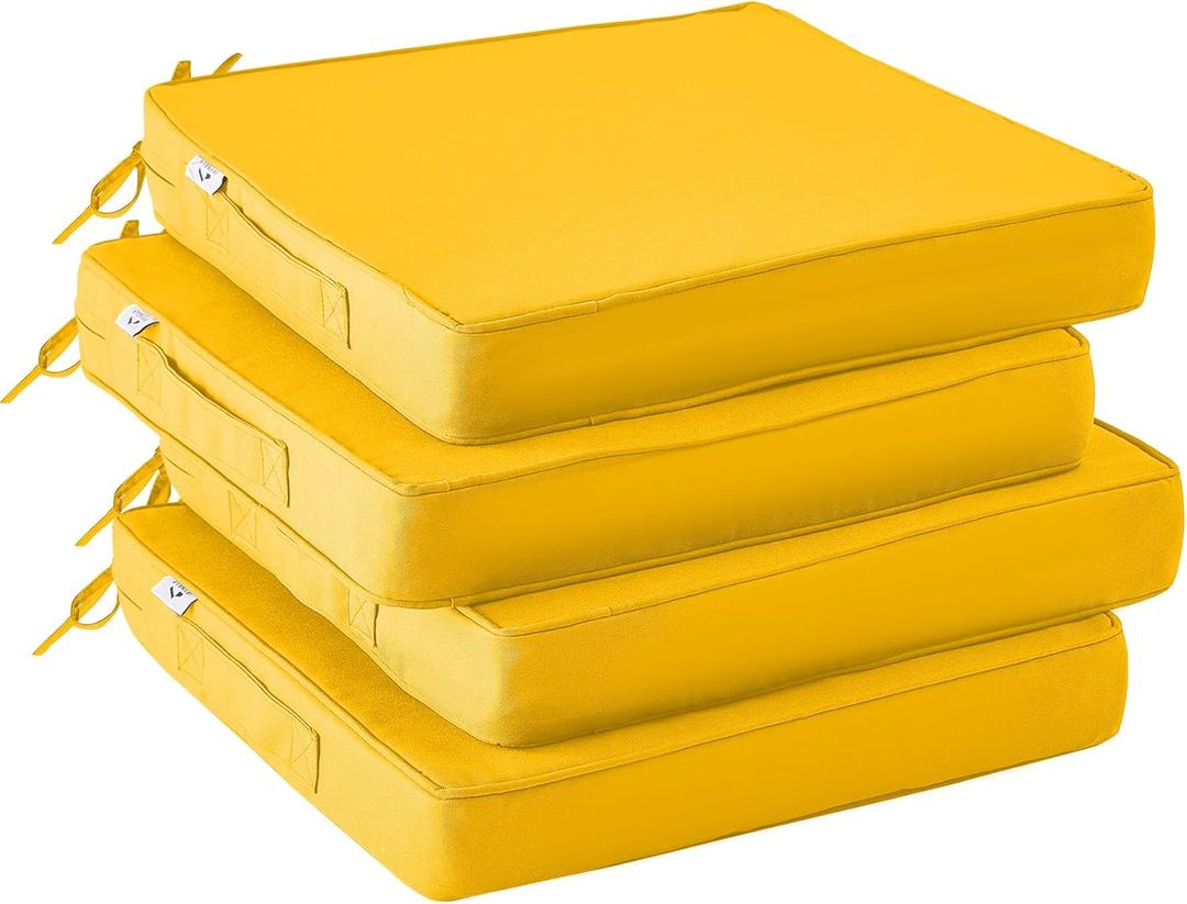 Outdoor Chair Cushions Set of 4,Waterproof Outdoor Seat Cushions for Patio Furniture,Patio Chair Cushion with Handle and Ties, Square Out Door Chair Pads,19" x 19" x 3", Yellow
