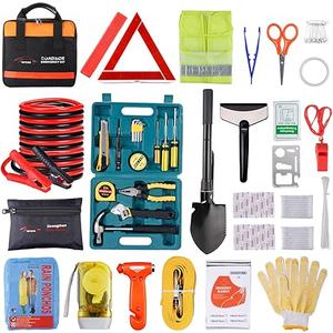 Vetoos Car Roadside Emergency Kit with Jumper Cables, Auto Vehicle Safety Road Side Assistance Kits, Winter Car Kit Essentials for Women and Men, with Car Repair Tool Set, Folding Survival Shovel