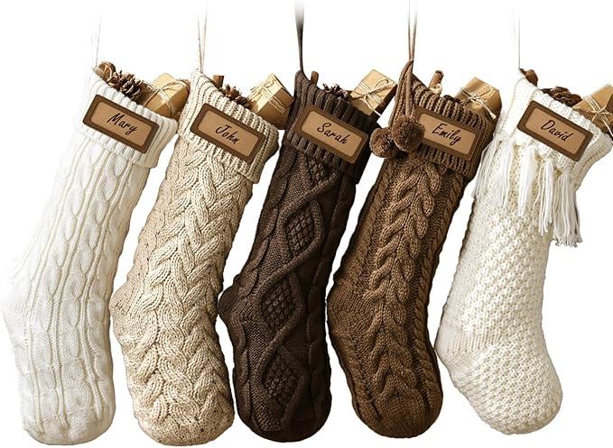 Rustic Knitted Personalized Christmas Stockings: 6 Pack 18 Inch Earth Tones Cable Knit Fireplace Stockings, Neutral Cozy Hanging Xmas Stockings Decorations for Family Holiday Decor, White Beige Brown