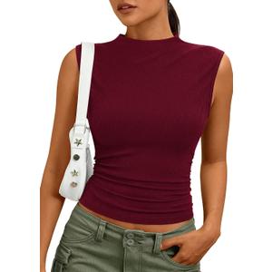 PRETTYGARDEN Sleeveless Tops for Women Ribbed Mock Neck Tank Top Slim Fitted Ruched Basic Layering Shirts 2026 Summer Clothes (Red, XL)