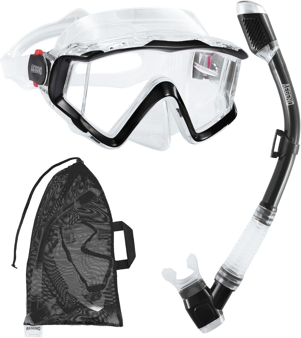 Aegend Snorkeling Gear for Adults Youth Kids, Snorkel Mask with Top Dry Valve - Panoramic View Anti-Leak and Anti-Fog with Mesh Bag for Snorkeling, Scuba Diving, Freediving & Swimming (Clear Black)