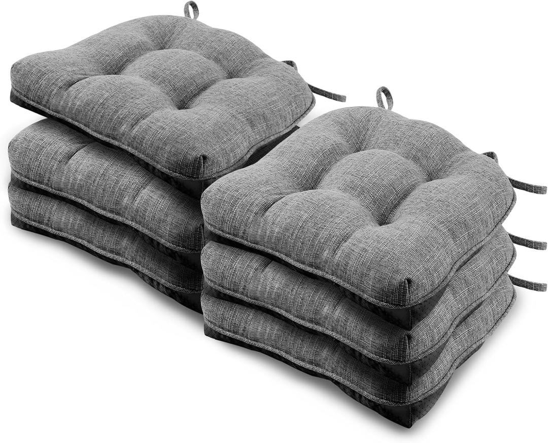 Basic Beyond Chair Cushions for Dining Chairs 6 Pack, Chair Cushion with Ties and Non Slip Backing, 15.5 x 15.5 inches Tufted Chair Pads for Dining Chairs, Dark Grey