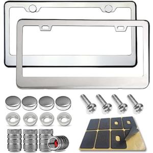 BGGTMO Stainless Steel License Plate Frames- Heavy Duty Metal Car Tag Cover for Front & Rear, 2 Pack Slim Holders with Chrome Screws Caps for Women/Men, Rust/Rattle Proof Pads, Tire Valve Stem Caps