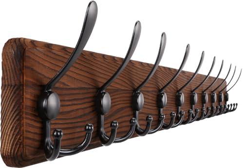 Gohiuo Rustic 38.6" Large Coat Rack Wall Mount, Long Wood Coat Hooks with 10 Triple Hooks, Heavy Duty Wooden Coat Hanger Wall Mount for Entryway, Farmhouse Hanging Jackets, Coats, Hats, Bags, Towel