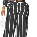 Remelon Women's Casual Two Piece Outfits Striped Long Sleeve Collar Button Down Shirt Blouse High Waist Wide Leg Pants Sets (Medium, Black)