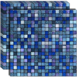 YMMXGE 5-Sheet Peel and Stick Metal Backsplash Tile Stick on Kitchen 3D Wall Decor Aluminum Mosaic Tiles for Bathroom, 12"x12"x0.15" (5, Mixed Blue)