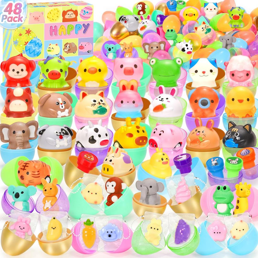 SevenQ Easter Basket Stuffers 48Pcs Prefilled Easter Eggs with Toys Cars Squishy Erasers Stamps for Kids Fidget Toy Plastic Egg Fillers Hunt Pinata Party Favor Bags Classroom Treasure Box Essentials