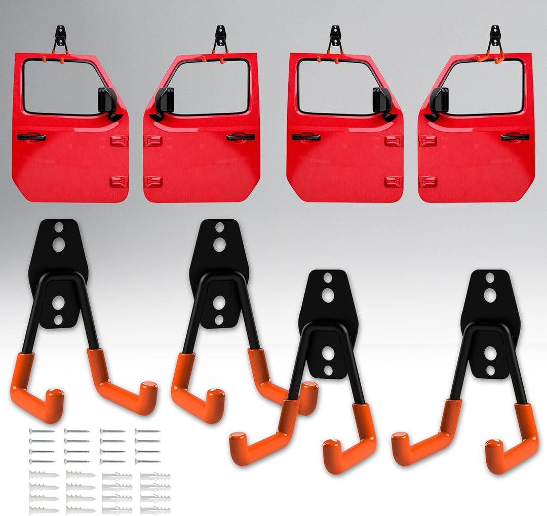 4PCS Heavy Duty Door Storage Hangers Bracket with PVC Protective Sleeve, Wall-Mounted Systems Kits Doors Holder Racks Compatible with 1956-2024 Jeep Wrangler CJ YJ TJ LJ JK JKU JT (with Screw)