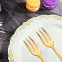 LIYH 100 Pcs Light Green Gold Plastic Dessert Plates with 100 Pcs Gold Dessert Plates, Disposable Sage Green Salad Plates, Includes: 100 Appetizer Plate 7.5" & 100 Golden Cake Forks 5"