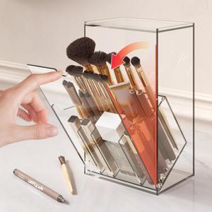 Acrylic Makeup Brush Holder Organizer with LidTilt Open Cosmetic Make Up Brushes Case with 17 Slots for Vanity Bathroom Countertop