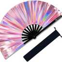 Large Rave Fan, Clack Folding Hand Fan with Premium Fabric, Thick Bamboo Frame for Men Women Gift for EDM, Festival, Club, Party, Dance, Decoration (Holographic Pink, 13")